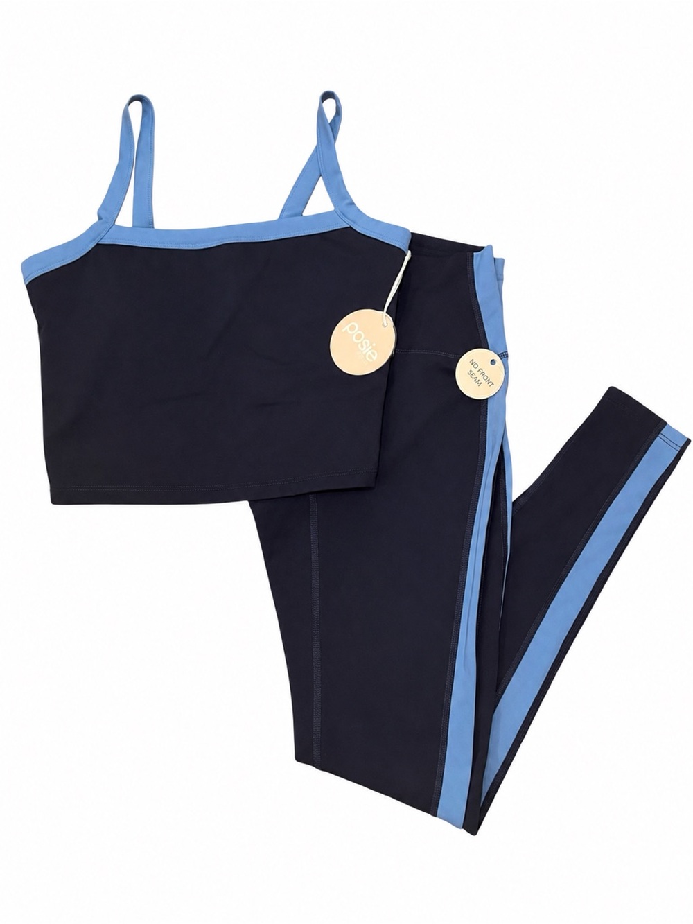 Posie Active Contrast Trim Sports Bra & Legging Set Navy Light Blue NWT